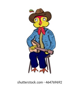 Rooster illustration. Bird plays the guitar and sings