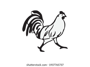 rooster illustration isolated on white background, cute cartoon image, monochrome vector icon
