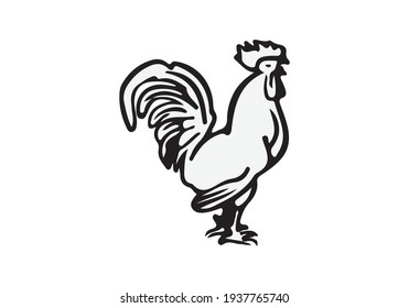 rooster illustration isolated on white background, cute cartoon image, monochrome vector icon