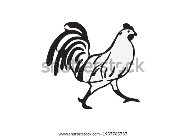 rooster illustration isolated on\
white background, cute cartoon image, monochrome vector\
icon