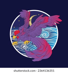 rooster illustration with japanese background