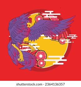 rooster illustration with japanese background