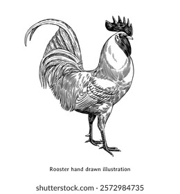 Rooster illustration. Rooster sketch. Rooster hand drawn illustration in vintage style. Chicken illustration