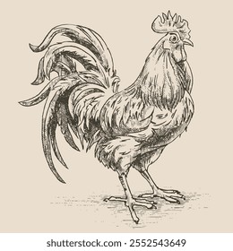 Rooster, illustration in the style of a medieval engraving