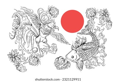 Rooster and Koi  tattoo art hand draw design , Animal Wild vector illustration tattoo with sun style japan art  