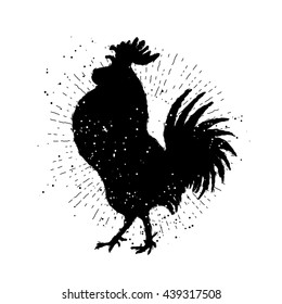 Rooster label. Vintage style cock vector illustration on hand drawn sunburst background or sun ray frame in vintage hipster style. Badge or burst, radial. . Ink brush painting imitation with splashes.