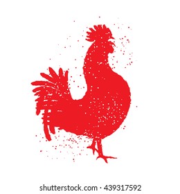 Rooster label. Vintage style vector illustration. Rooster silhouette Chinese calligraphy imitation. Ink brush painting, Inksticks or India ink hair texture on the edge of the cock with splash of ink. 