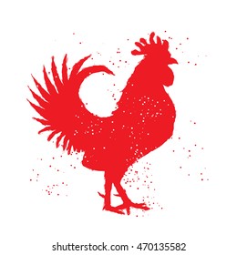 Rooster label. Vintage style vector illustration. Silhouette Chinese calligraphy imitation. Ink brush painting, Inksticks or India ink hair texture on the edge of the cock with splash of ink. 