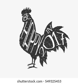 Rooster and lettering isolated on white background. The symbol of the year 2017. Silhouette. Text. 2017. Vector illustration.