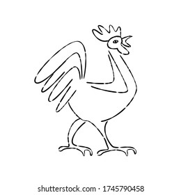 Rooster - line drawing, black and white vector illustration.