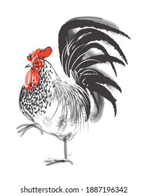 Rooster line hand drawn vector illustration. Rough,black and white, line art chicken character.