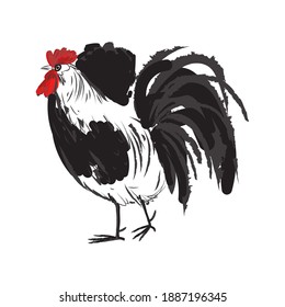 Rooster line hand drawn vector illustration. Rough,black and white, line art chicken character.