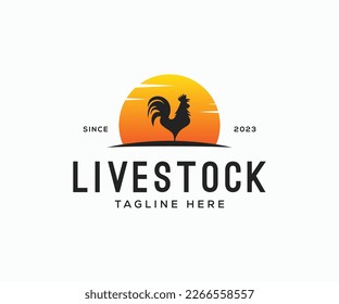 Rooster livestock logo with sun vector illustration design. Rooster and sun vintage logo design