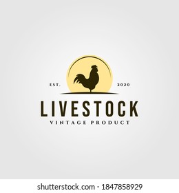 rooster livestock logo with sun vintage vector illustration design, rooster and sun logo design