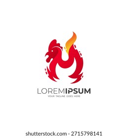 Logotipo del gallo y un fuego ardiente, cocina de pollo a la parrilla