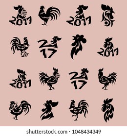 Rooster logo cock vector cute cartoon illustration new year 2017 badges bird symbol farm animal hen cockerel chinese silhouette.