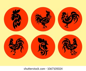 Rooster logo cock vector cute cartoon illustration new year 2017 badges bird symbol farm animal hen cockerel chinese silhouette.