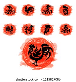 Rooster logo cock vector cute cartoon illustration new year 2017 badges bird symbol farm animal hen cockerel chinese silhouette.