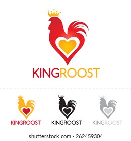 Rooster logo design. Stylized cock with heart and crown concept icon.