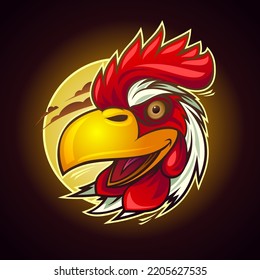 Rooster logo, rooster head with golden sun vector rymbol