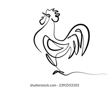 Rooster logo icon. Continuous one line art drawing style. Black linear sketch isolated on white background. Vector illustration. Hand drawn.