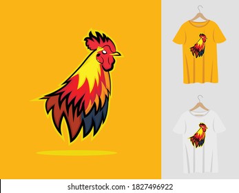 Rooster logo mascot design with t-shirt . Rooster head illustration for sport team and printing t-shirt