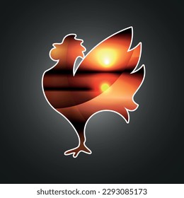 Rooster. Logotipo. Silhouette de un gallo con un paisaje luminoso en el interior sobre un fondo negro con iluminación en el centro. Vector. Gradiente.