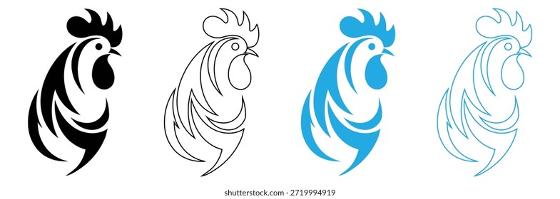 Hahn-Logos in schwarz, weiß und blau für die Markenbildung, Schwarzes Hahn-Logo-Symbol Silhouette Vektorgrafik-Design auf weißem Hintergrund.Set von Henne Silhouette, Huhn Silhouetten, 
