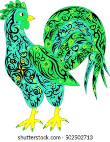 Rooster with a long tail, poultry,  a large cock, an animal with a pattern on a body, an ornament on an animal, a vector illustration of chicken    