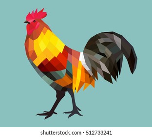 Rooster in low polygon style on blue background. Geometric  vector animal. 2017 Happy New Year greeting card. 