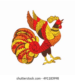 rooster lubok folk style.Vector illustration of rooster, symbol of 2017 on the Chinese calendar. Vector element for New Year's design. Image of 2017 year of Red Rooster.