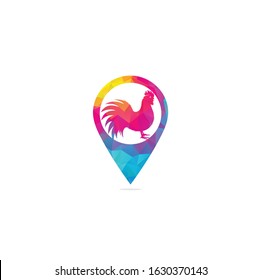 Rooster map pin shape concept logo design. Chicken restaurant vector logo sign. Red cock logo symbol. Rooster logo concept.	