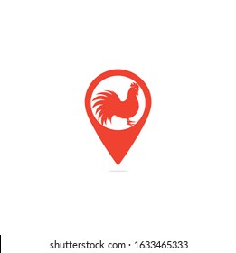 Rooster map pin shape concept logo design. Chicken restaurant vector logo sign. Red cock logo symbol. Rooster logo concept.	