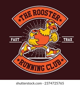 Das Design der Maskottchen-Figuren des Roosters mit handgezeichneter Vektorgrafik im Patch Design Running Club