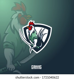 Rooster mascot logo design vector with modern illustration concept style for badge, emblem and t shirt printing. Angry rooster carry sword illustration for sport and e-sport team.
