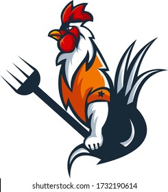 Rooster mascot logo design vector with modern illustration concept style for badge, emblem and t shirt printing. Chicken carries a fork for sport team and any badge.