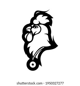 Versión de la silueta del logo de la mascota de gallo. Pollo con medalla, emblema de mascota, vector de diseño