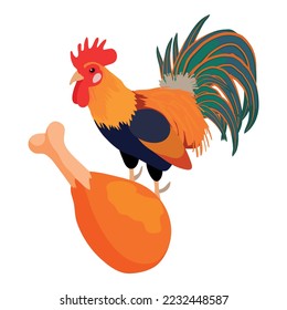 Rooster meat icon isometric vector. Roasted meat leg on background of cock icon. Food theme