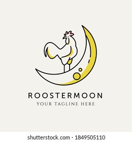 rooster moon logo vector design illustration, rooster on moon minimalist logo design