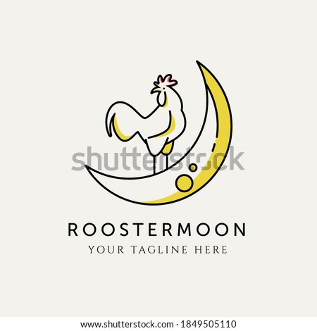 rooster moon logo vector design illustration, rooster on moon minimalist logo design