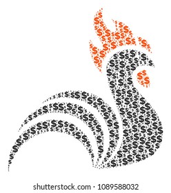Rooster mosaic of dollars and spheric points. Vector dollar pictograms are united into rooster illustration.