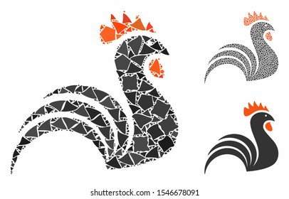 Rooster mosaic of unequal items in variable sizes and color tinges, based on rooster icon. Vector raggy items are combined into mosaic. Rooster icons collage with dotted pattern.