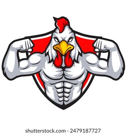 Rooster Muscle Arm Fighting Sports Mascot Logo Character Design Vector Illustration