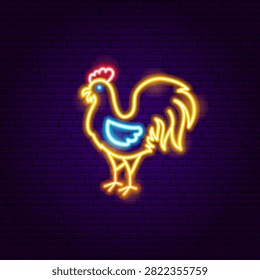 Rooster Neon Sign. Chicken Bird Glowing Icon. Vector Illustration of Country Farm Animal and Food Grill BBQ Concept Object.
