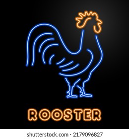 rooster neon sign, modern glowing banner design, colorful modern design trends on black background. Vector illustration.