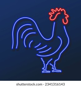 rooster neon sign, modern glowing banner design, colorful modern design trends on black background. Vector illustration.