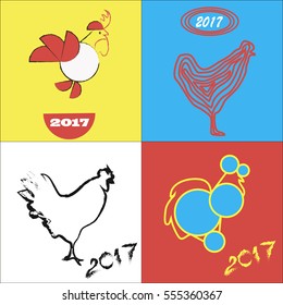 Rooster, new design, with the silhouette of a rooster. Set of modern flat style vector illustration rooster as a symbol of the year 2017 on the Chinese calendar. A beautiful collection of roosters