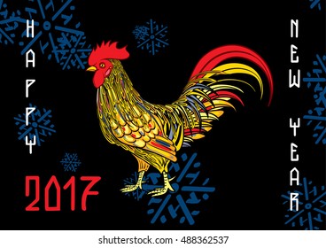 Rooster new year greeting card. On black background. Vector illustration.