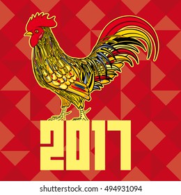 Rooster new year greeting card. Triangle polygon background. Vector illustration.