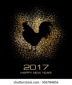Rooster. New Year Greeting Card with Symbol of 2017 on the Chinese Calendar. Cock on the Gold Glitter Background.